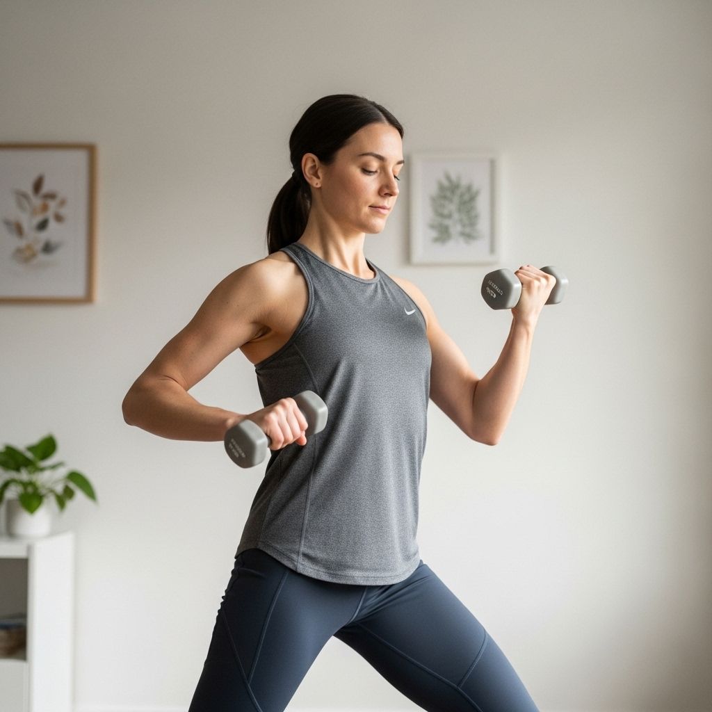 Osoba wykonująca lekki trening z małymi hantlami w domowym otoczeniu z minimalistycznym wystrojem, w naturalnym bocznym świetle, bez nadmiernego wysiłku ani napięcia, z czystym tłem