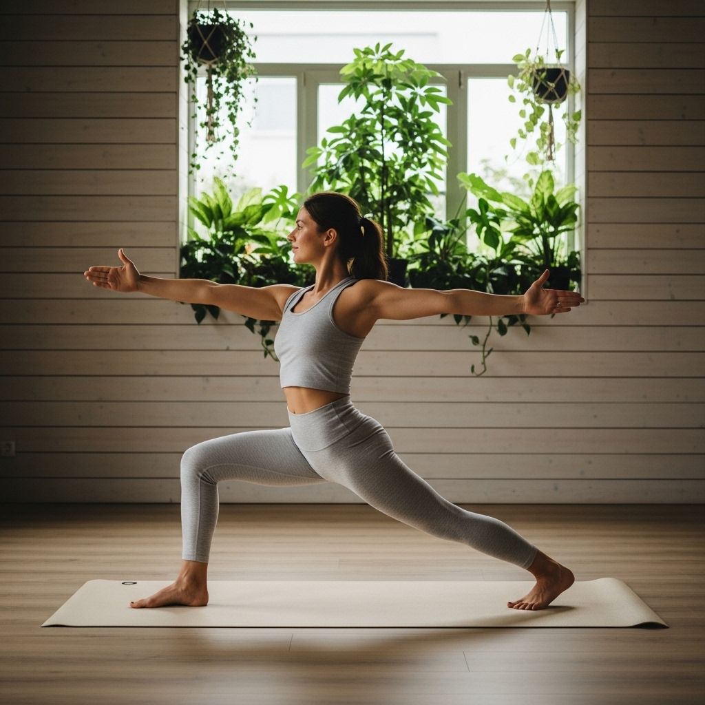 Kobieta wykonująca pozycję jogi wojownika na macie w jasnym studiu z naturalnymi materiałami, z widokiem na zielone rośliny w tle, w stonowanym świetle dziennym, bez emocji, spokojnie
