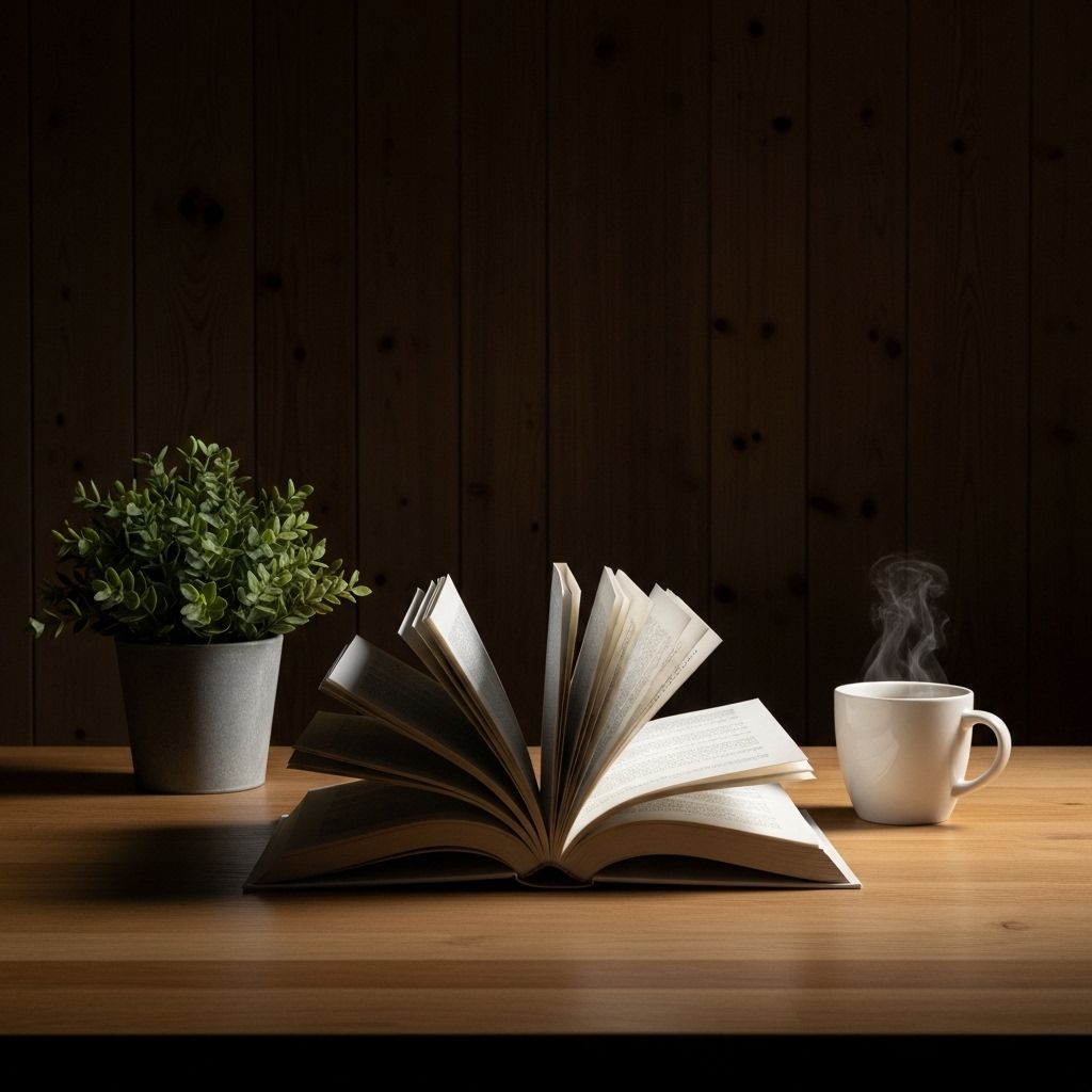 Minimalistyczne biurko z otwartą książką, filiżanką kawy i małym doniczką z rośliną w stonowanym bocznym świetle, na tle ciemnej drewnianej ściany, symbolizujące skupiony akt czytania i zdobywania wiedzy