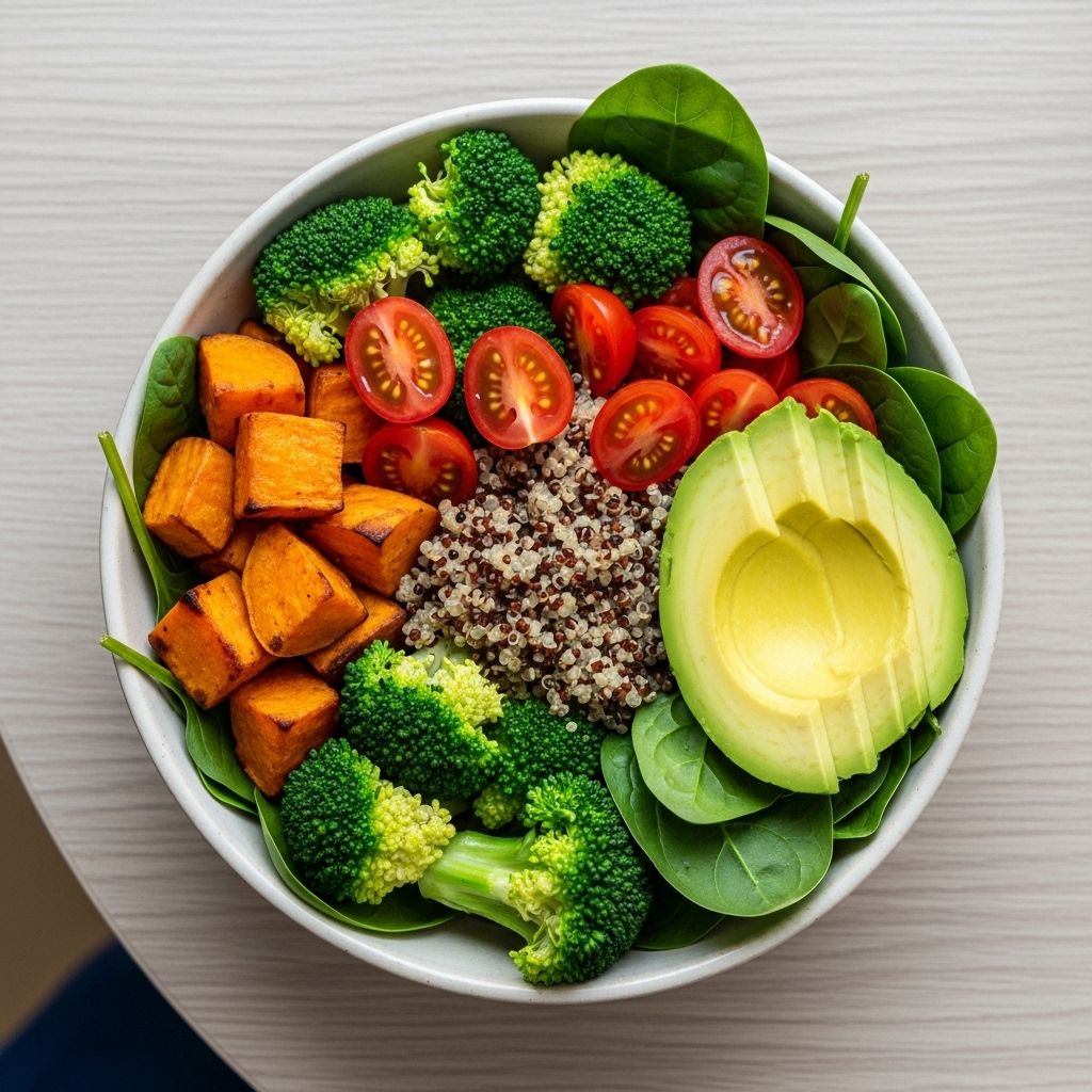 Zdrowy, kolorowy posiłek w miseczce z warzywami, pełnoziarnistą kaszą i awokado, sfotografowany z góry na jasnym ceramicznym talerzu, naturalne bogate światło, bez ozdobników, estetyczna i prosta kompozycja