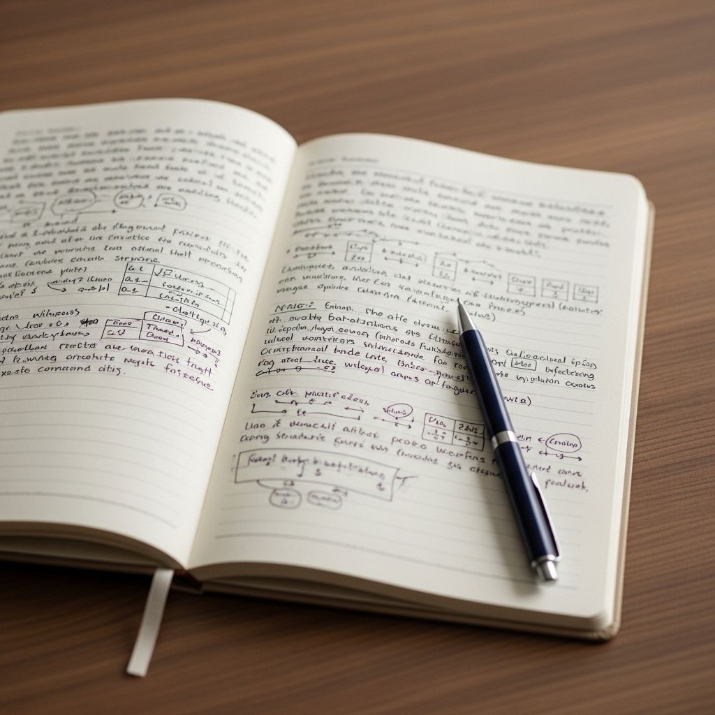 Otwarty notatnik z ręcznymi zapiskami i długopisem spoczywającym na stronie, na neutralnym drewnianym biurku w bocznym świetle dziennym, bez rozpraszających elementów, w stonowanych barwach brązu i beżu