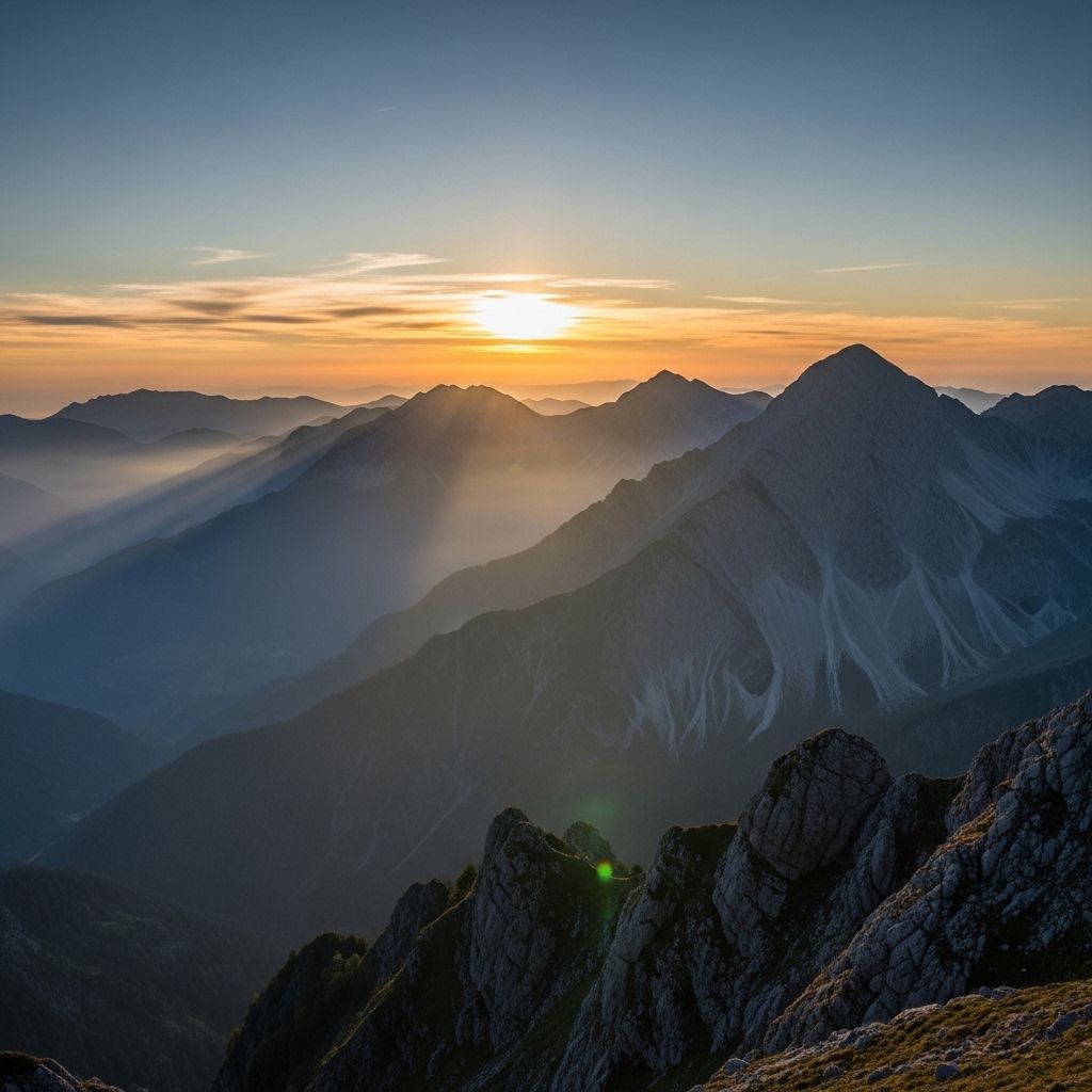 Panoramiczny widok spokojnego górskiego krajobrazu o wschodzącym słońcu, z delikatnymi mgłami unoszącymi się nad dolinami, w stonowanych odcieniach błękitu i złota, symbolizującym harmonię i równowagę zdrowego stylu życia